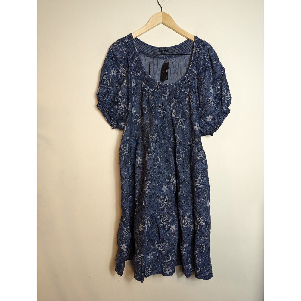 NWT Torrid Boho Cottagecore Floral Chambray Puff Sleeve Mini Smocked Dress - Picture 2 of 8